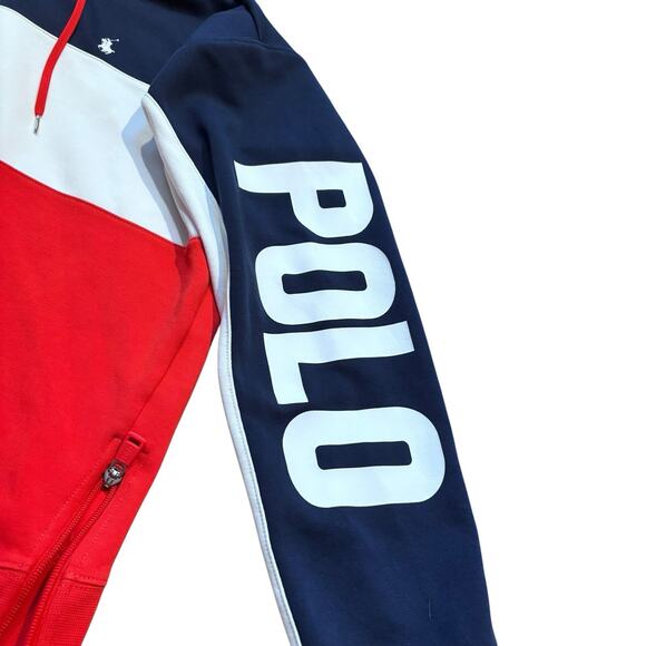 Polo Ralph Lauren Red White Blue ColorBlock Double Knit Hoodie Logo Women Large* - Picture 5 of 10